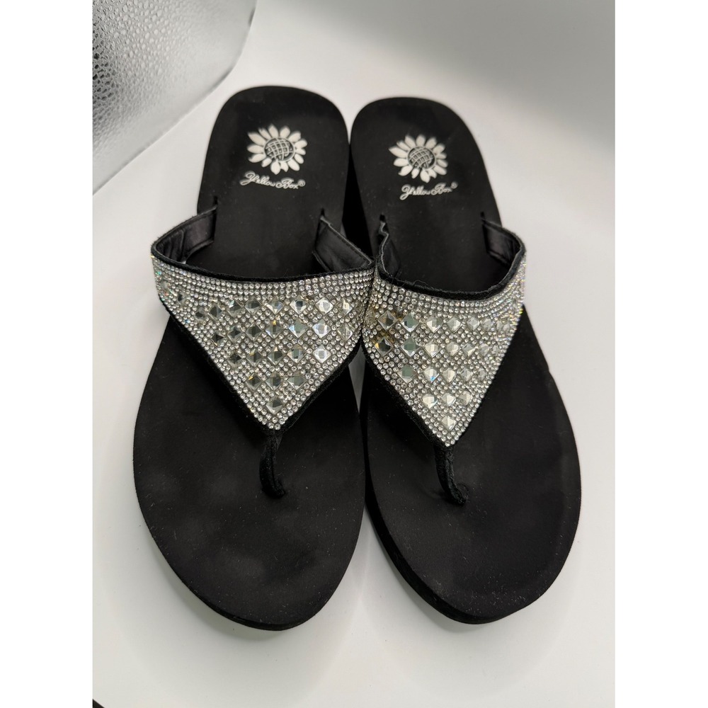Yellow Box Birder Sandals Women 8.5 Black Excellent Rhinestone Wedge Flip Flops